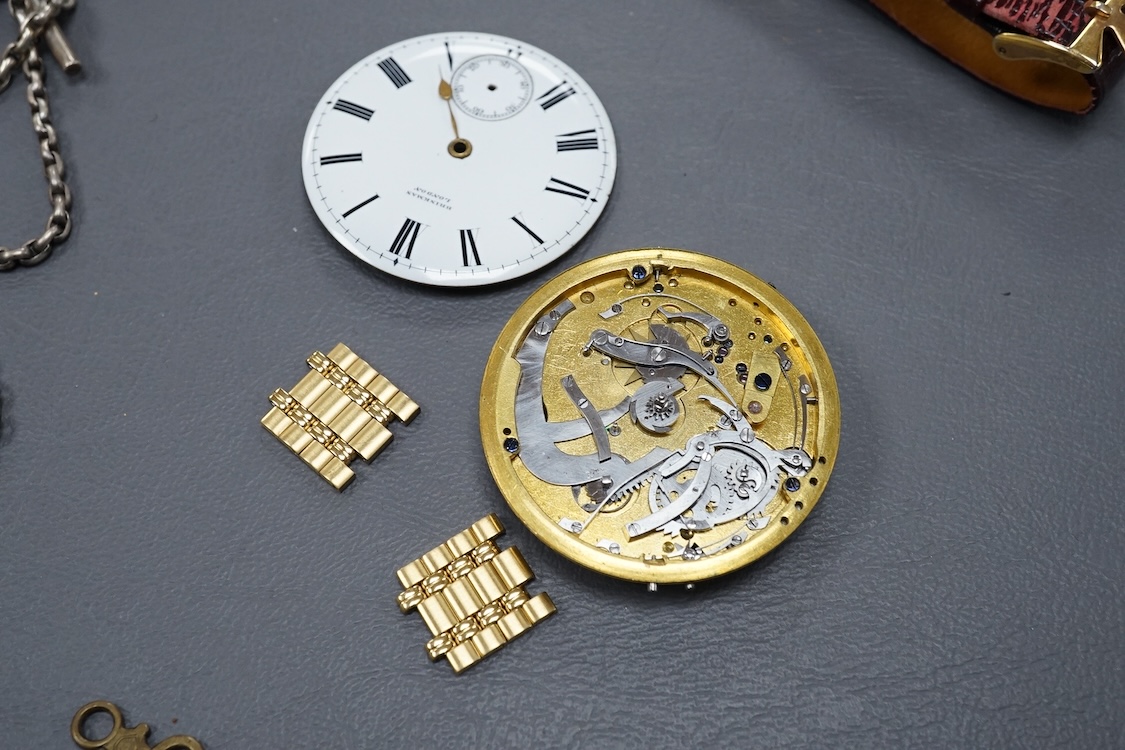 A late Victorian silver open faced keywind pocket watch, together with a Waltham gold plated pocket watch and six other items.